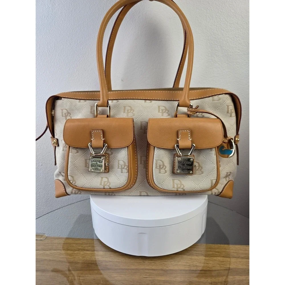Dooney & Bourke Signature Monogram Canvas Satchel Tan Leather Trim Bag
